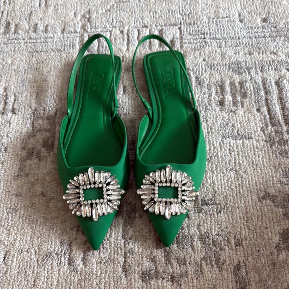 Zara Green Flats with Crystal Embellishment